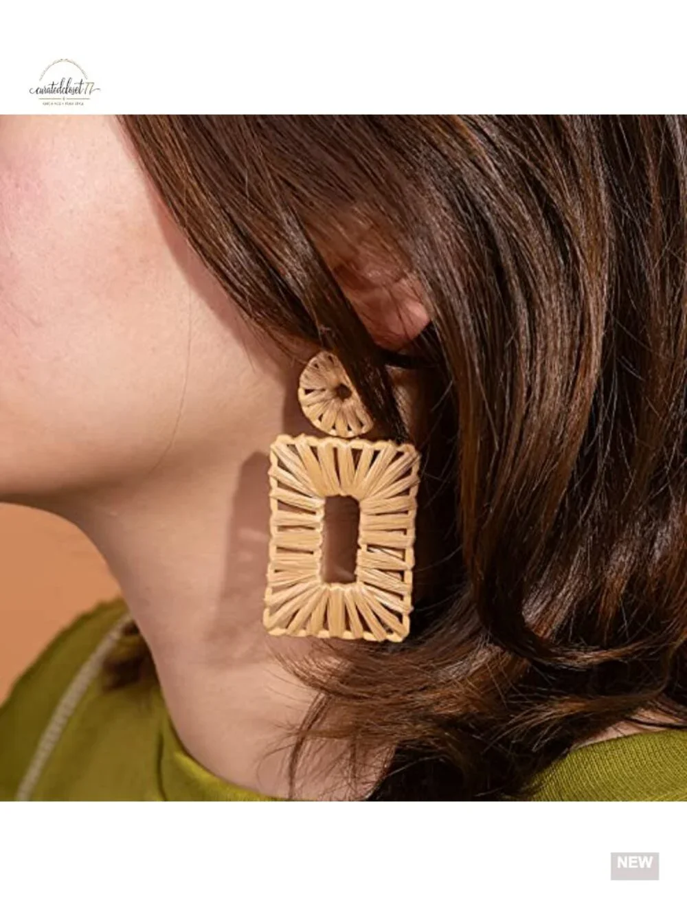 Boho Square Raffia Drop Earrings Dangle Geometric Statement Jewelry